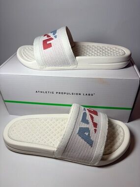 APL White Slide Sandals with Red and Blue Logo women's size 5